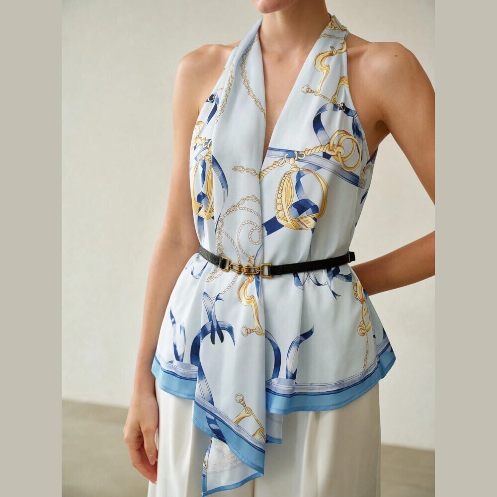 Blue Chain Print Halter Neck Draped Peplum Scarf Top Sleeveless